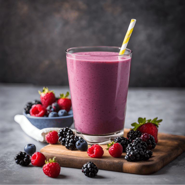 Delicious mixed berry smoothie in a glass with a yellow straw, surrounded by fresh berries.