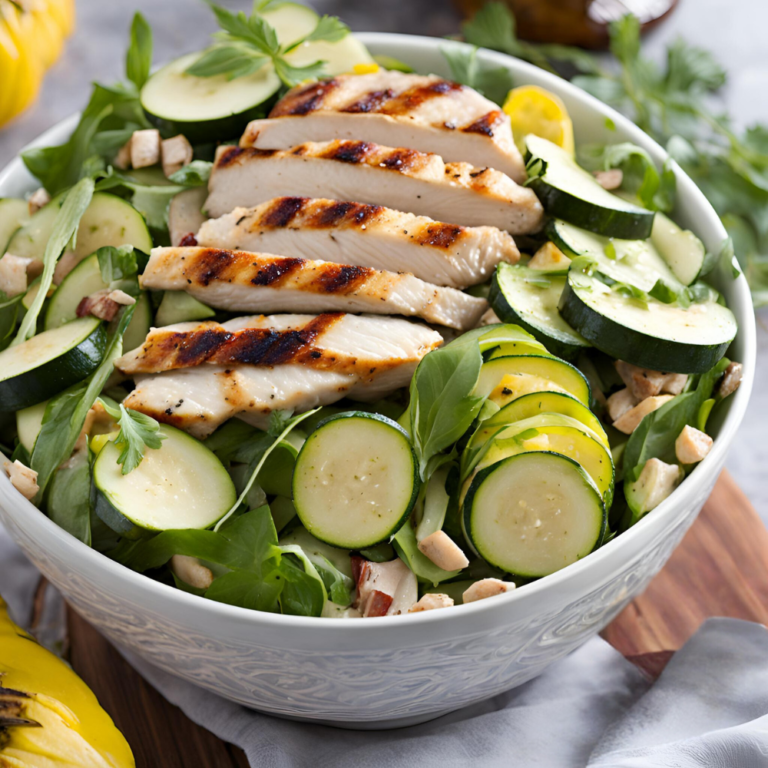 A bowl of grilled chicken and zucchini salad, garnished with fresh greens and thinly sliced zucchini.