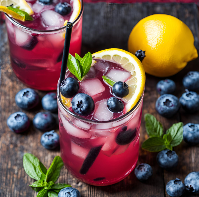 A refreshing glass of Blueberry Vodka Lemonade with lemon slices and fresh blueberries, garnished with mint leaves.