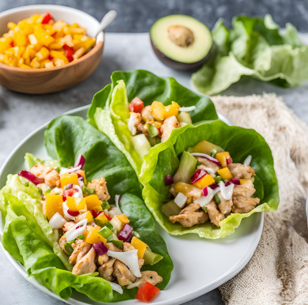 Fresh and vibrant tropical chicken lettuce wraps topped with a colorful mango salsa, served on a white plate.