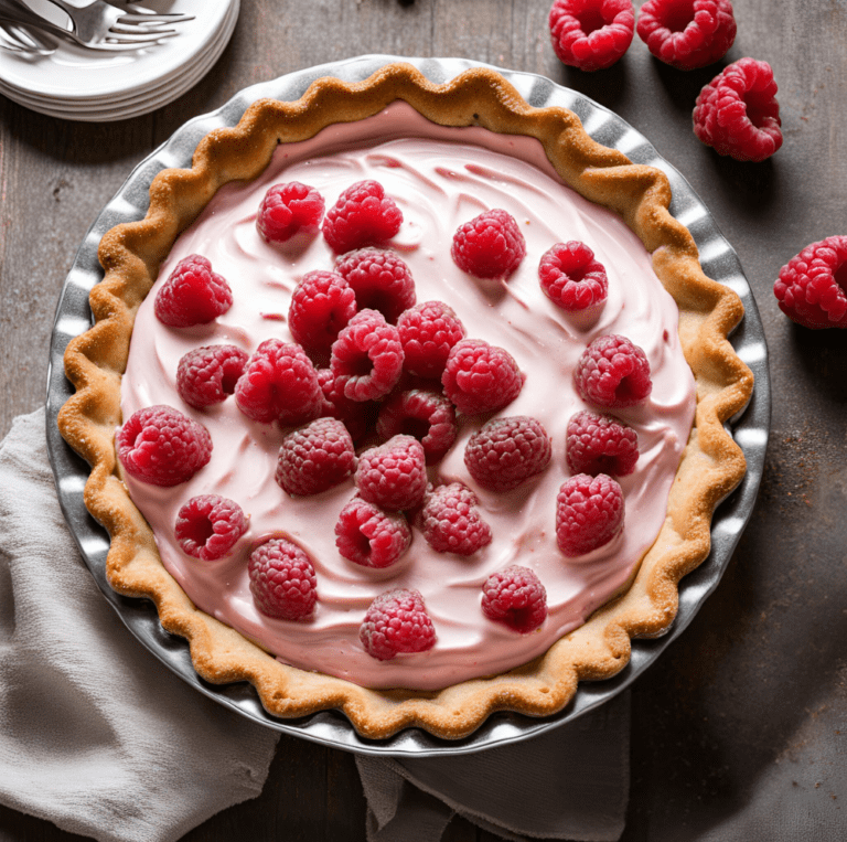 Raspberry Cream Pie in a pie dish topped with fresh raspberries.