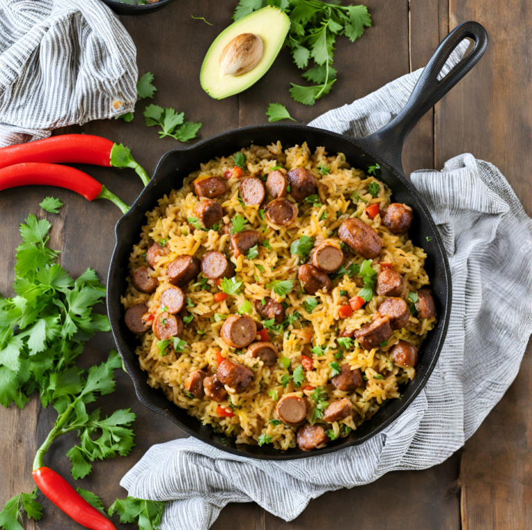 Top view of a Spicy Cajun Sausage and Rice Skillet in a black pan, placed on a wooden table. The dish features Cajun-spiced sausage slices, tender rice, and vibrant bell peppers, garnished with fresh cilantro. Avocado halves, red chili peppers, and cilantro leaves are scattered around the skillet for decoration.