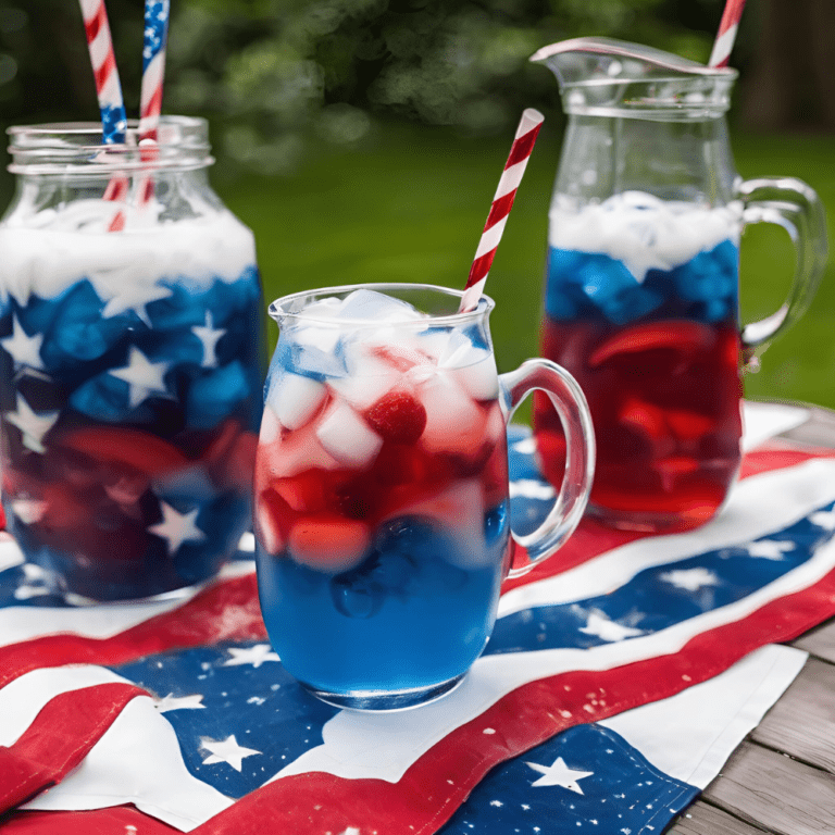 Patriotic Punch Recipe for 4th of July - Vibrant Red, White, and Blue Layered Drink in Clear Pitchers and Glasses with Ice and Straws, Perfect for Summer Celebrations - Satisfy Your Cravings Blog