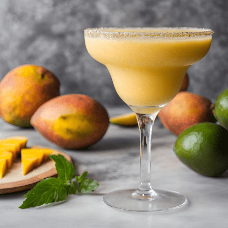 Frozen Mango Daiquiri with fresh mangoes and limes in the background.