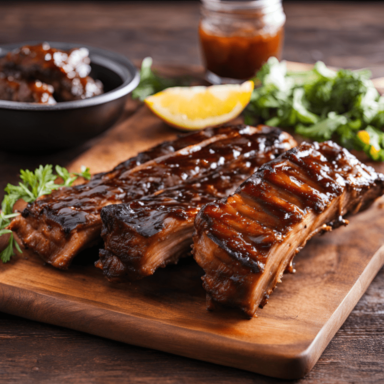 Plate of perfectly grilled BBQ ribs with a rich, smoky glaze, served with fresh sides and garnished with herbs. Ideal for summer cookouts and family gatherings. Find the full recipe and grilling tips on Satisfy Your Cravings food blog. #GrilledBBQRibs #BBQRecipes #SummerCookout