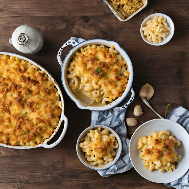 Baked mac and cheese in multiple dishes on a wooden table.