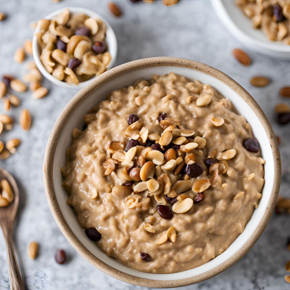 A bowl of peanut butter oatmeal topped with mixed nuts and chocolate chips, surrounded by additional nuts on the table.