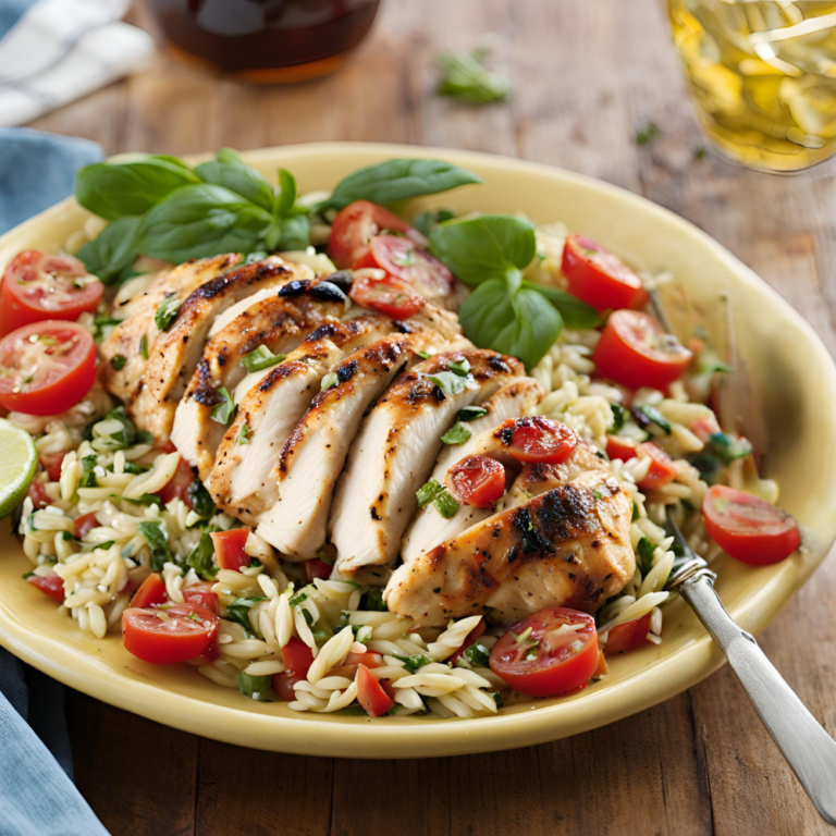 Close-up of Mediterranean Chicken and Orzo Salad featuring grilled chicken breast slices, cherry tomatoes, fresh basil, and orzo pasta on a yellow plate.