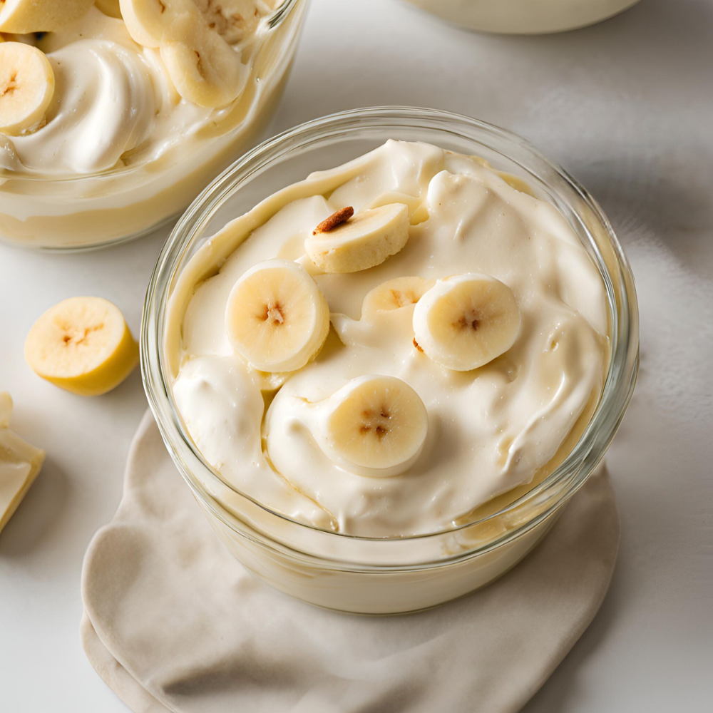 Banana pudding topped with fresh banana slices, served in a glass bowl.