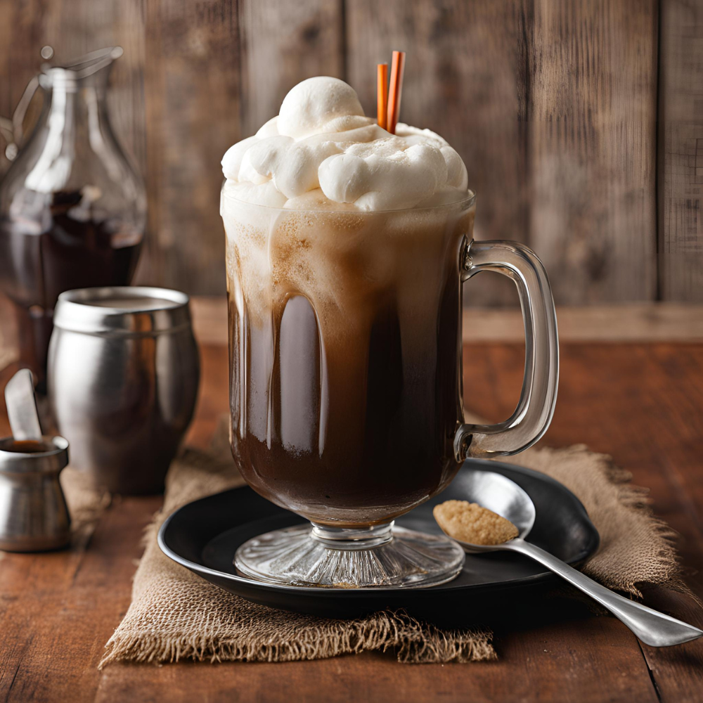 Root beer float in a mug with whipped cream and a straw.