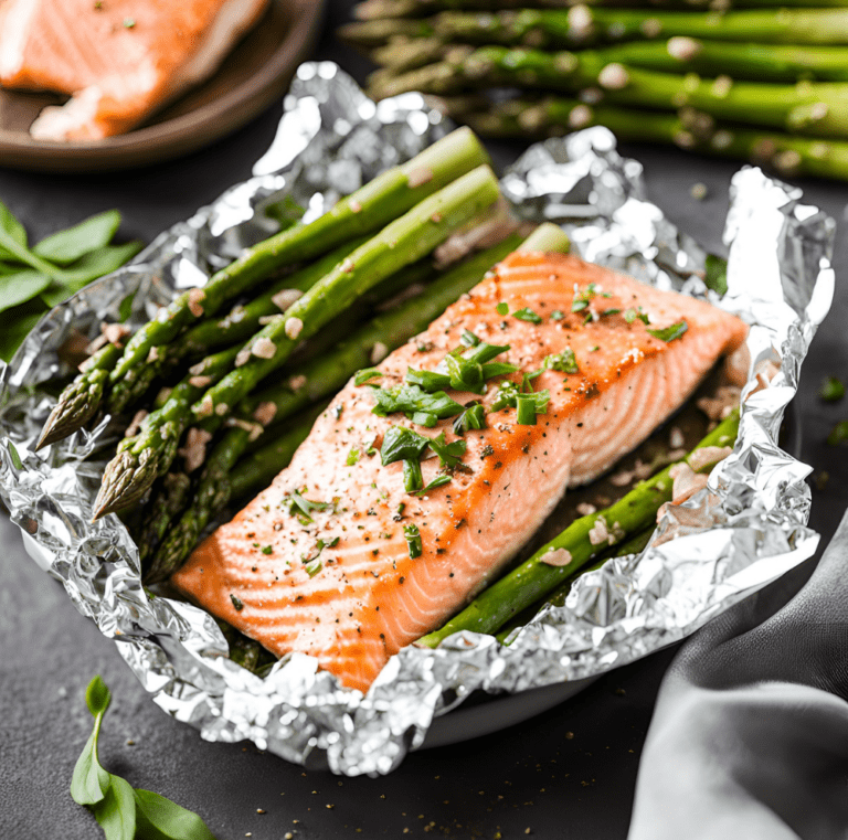 Salmon fillet with asparagus and herbs in a foil packet, ready to be cooked.