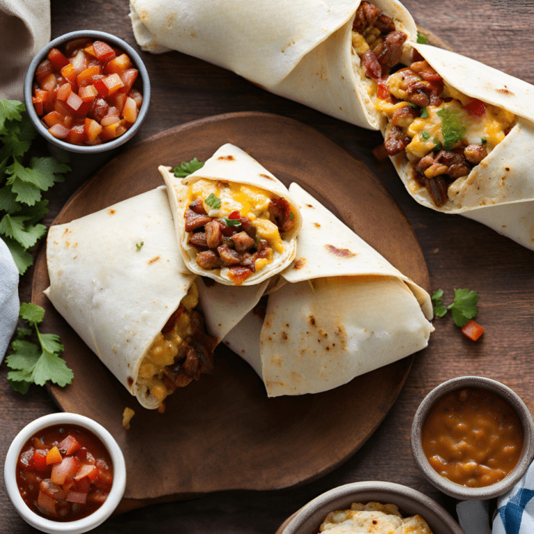 Three Leftover BBQ Breakfast Burritos on a wooden platter with bowls of salsa and beans.