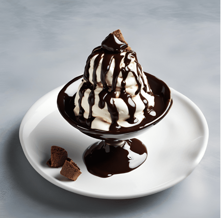 Decadent hot fudge sundae with rich chocolate fudge and vanilla ice cream.