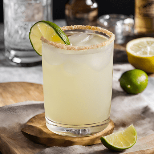 A short glass of Tequila Collins cocktail with a salted rim, garnished with a lime wheel, on a wooden surface with limes and lemons in the background.