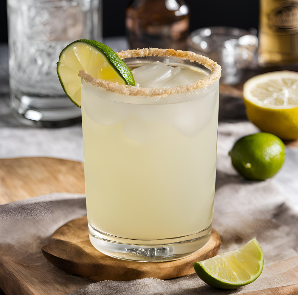 A short glass of Tequila Collins cocktail with a salted rim, garnished with a lime wheel, on a wooden surface with limes and lemons in the background.