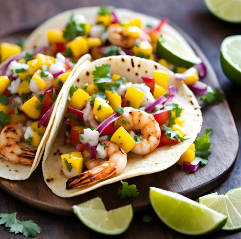 Two grilled shrimp tacos with mango salsa, garnished with cilantro and lime wedges.