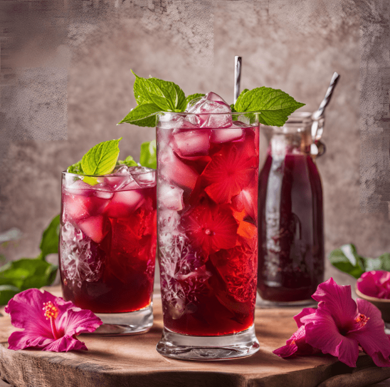 Two glasses of iced hibiscus tea filled with ice cubes and garnished with fresh mint leaves and hibiscus flowers, with a pitcher of hibiscus tea in the background and hibiscus petals scattered on a wooden surface.