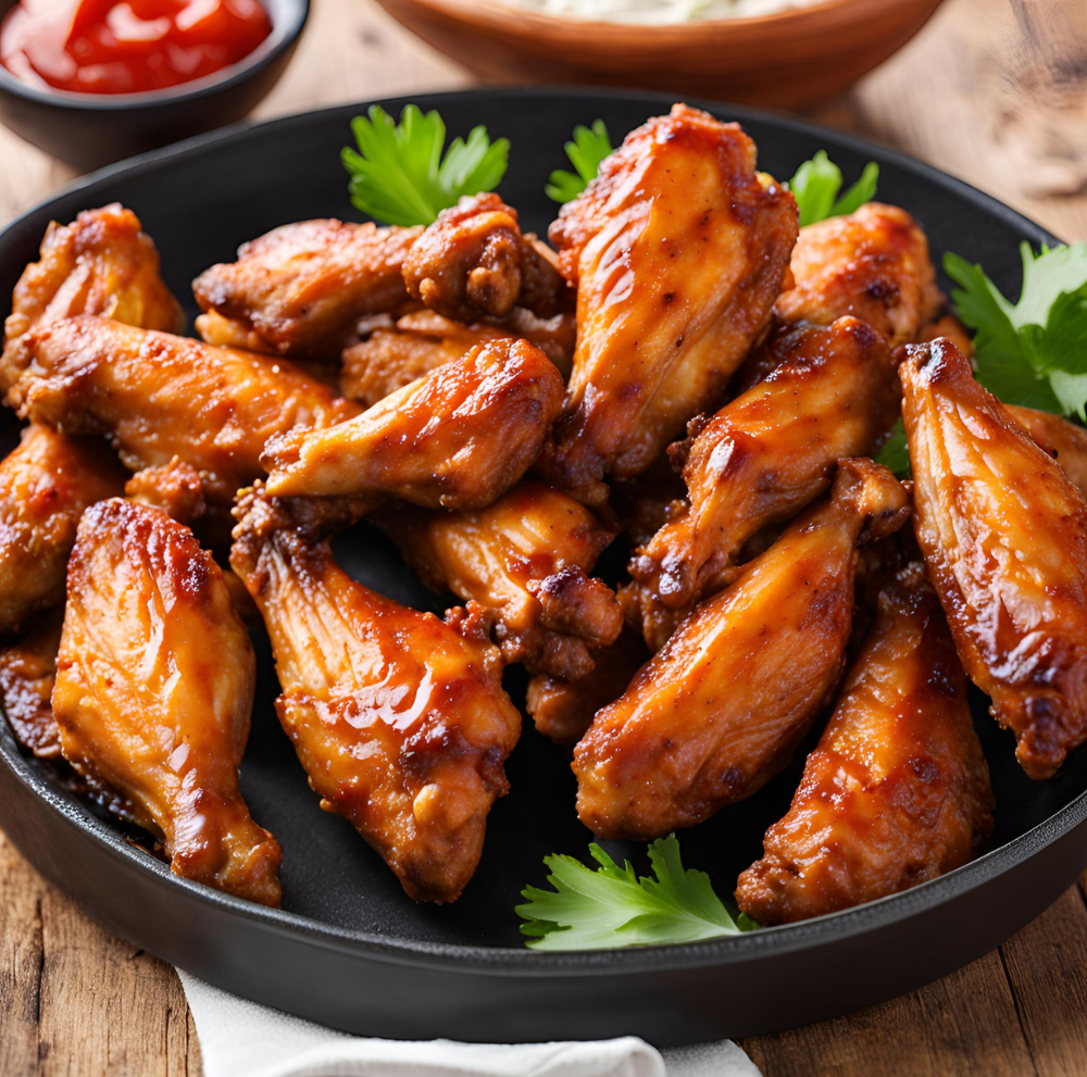 A plate of crispy chicken wings with a glossy, flavorful glaze, garnished with fresh parsley.