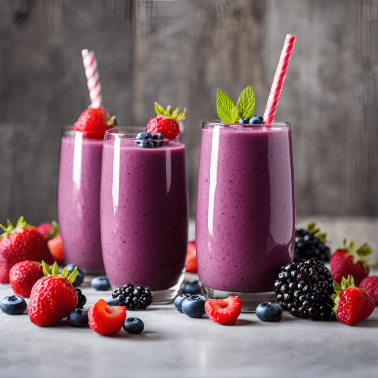 Three glasses of mixed berry smoothie with fresh berries and mint leaves for garnish