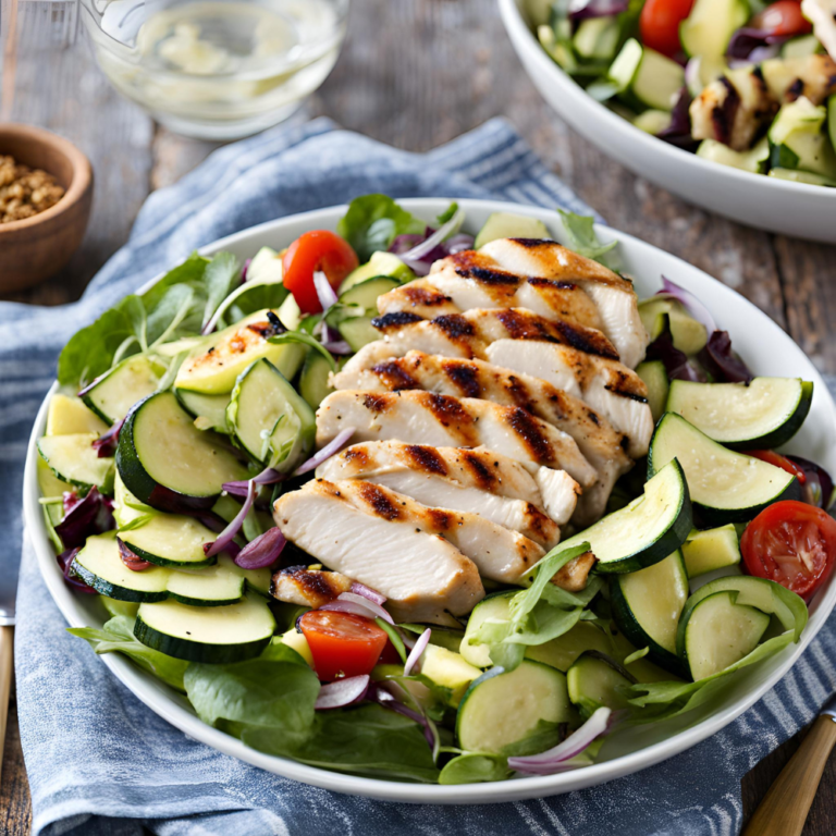 A bowl of grilled chicken and zucchini salad with cherry tomatoes and mixed greens on a rustic table setting.