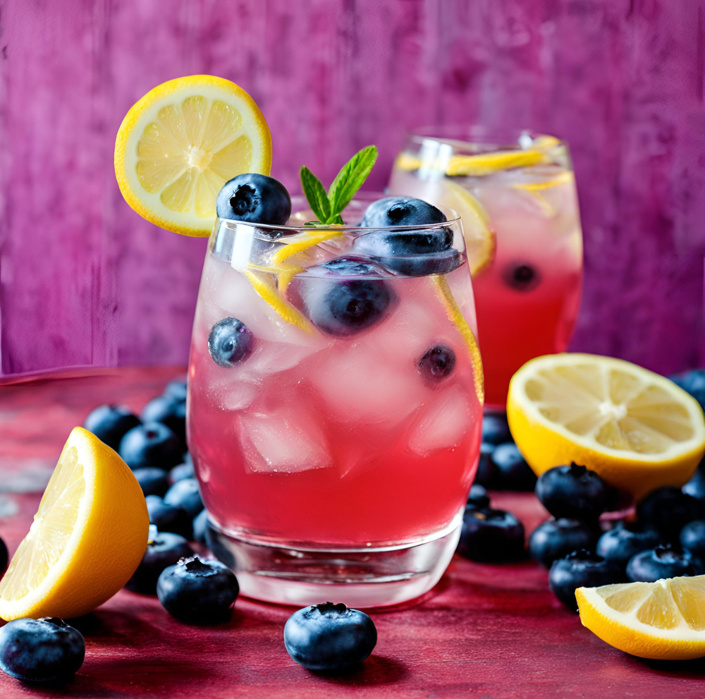 Two glasses of Blueberry Vodka Lemonade with lemon slices and fresh blueberries on a vibrant background.