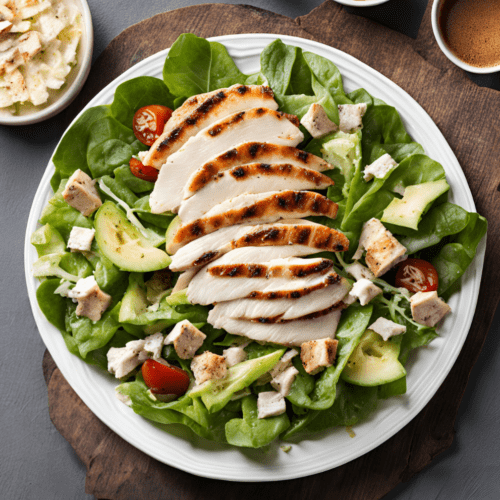 Grilled chicken Caesar salad with avocado slices, cherry tomatoes, and croutons on a white plate.