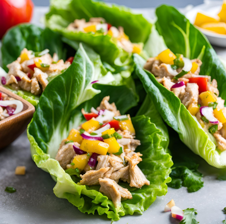 Close-up of tropical chicken lettuce wraps with diced vegetables and a light dressing, placed on a gray surface.