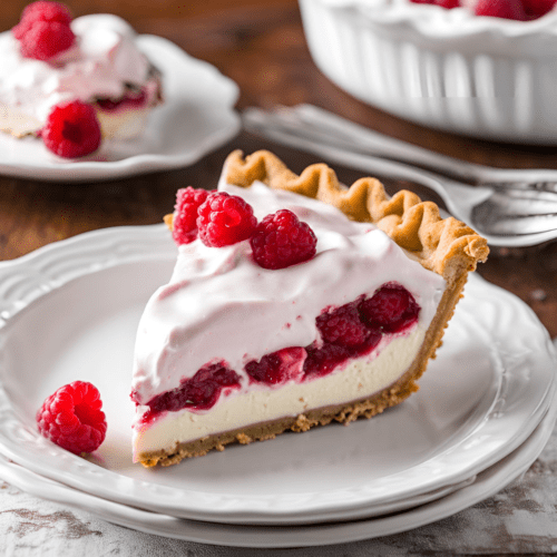 Slice of Raspberry Cream Pie on a white plate with fresh raspberries on top.