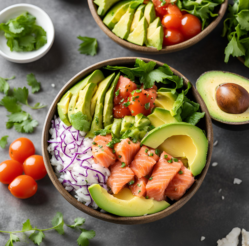 Colorful Salmon and Avocado Poke Bowl with Fresh Vegetables