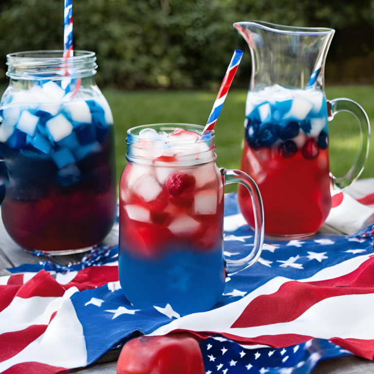 Patriotic Punch for 4th of July - Vibrant Red, White, and Blue Layered Drink in Clear Pitchers and Mason Jar Glass with Ice and Festive Straws on Star-Spangled Tablecloth - Perfect for Summer Celebrations - Satisfy Your Cravings Blog