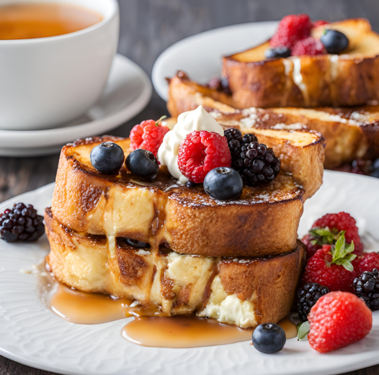 Delicious Berry-Stuffed French Toast topped with fresh raspberries, blackberries, and blueberries, drizzled with syrup and served with a dollop of whipped cream, accompanied by a cup of tea. Perfect for breakfast or brunch, featured on SatisfyYourCravings.com. #BerryStuffedFrenchToast #BreakfastRecipes #BrunchIdeas