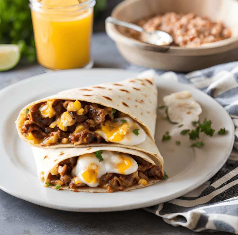 Two Leftover BBQ Breakfast Burritos on a white plate with orange juice in the background.