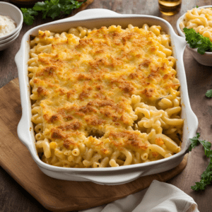 A large baking dish filled with baked mac and cheese, with a portion missing.