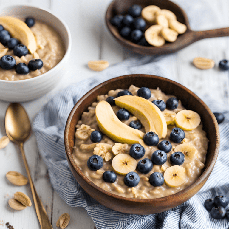 A wooden bowl of peanut butter oatmeal topped with banana slices and blueberries, with more fruit and nuts in the background.