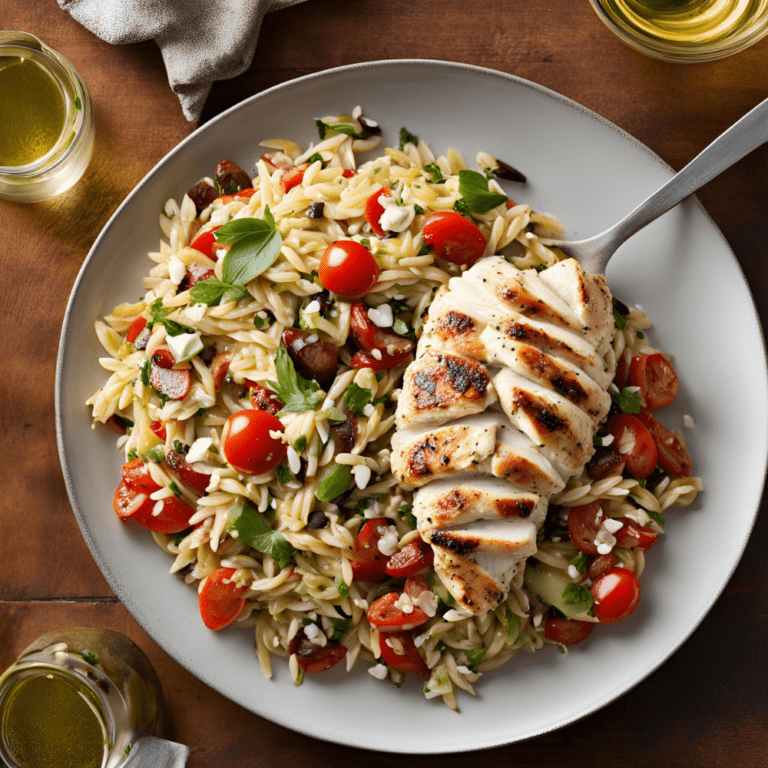 Mediterranean Chicken and Orzo Salad with grilled chicken breast, cherry tomatoes, black olives, and fresh herbs on a gray plate with a fork.