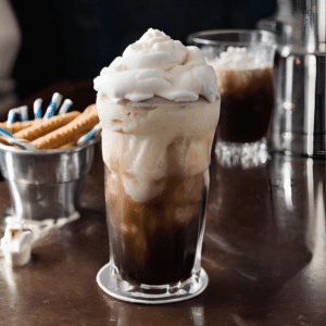 Root beer float with whipped cream served in a clear glass.