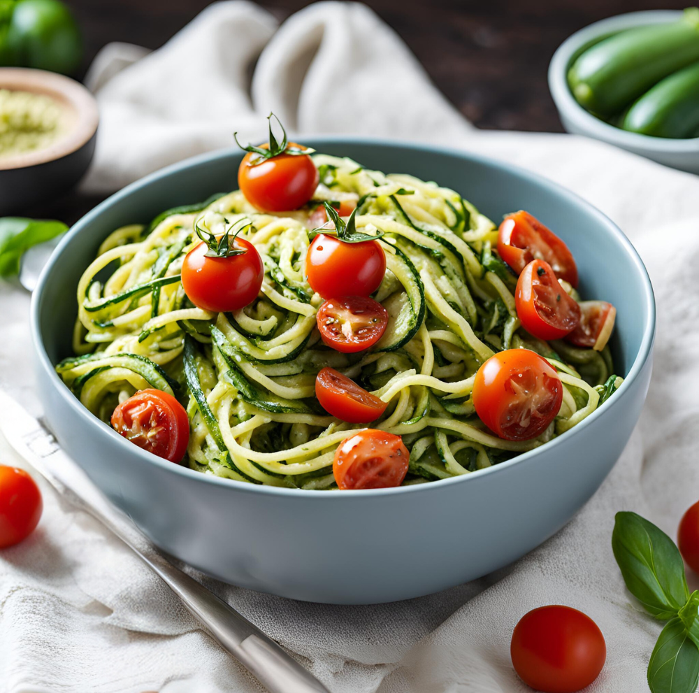 A white bowl filled with zucchini noodles, vibrant green pesto, and halved cherry tomatoes, garnished with fresh basil leaves and a sprinkle of Parmesan cheese.