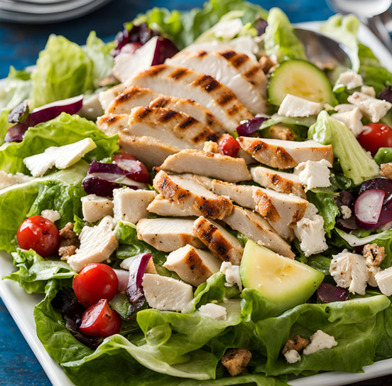 Grilled chicken Caesar salad with cucumbers, cherry tomatoes, and croutons on a white plate.