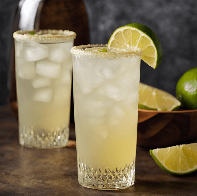 Two tall glasses of Tequila Collins cocktail with salted rims, garnished with lime wheels, with limes and lemons in the background.