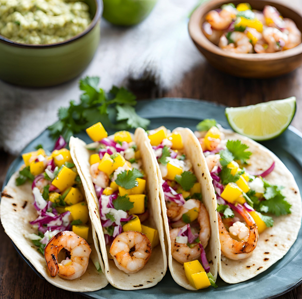 Grilled shrimp tacos with mango salsa, shredded red cabbage, and lime wedges on a green plate.