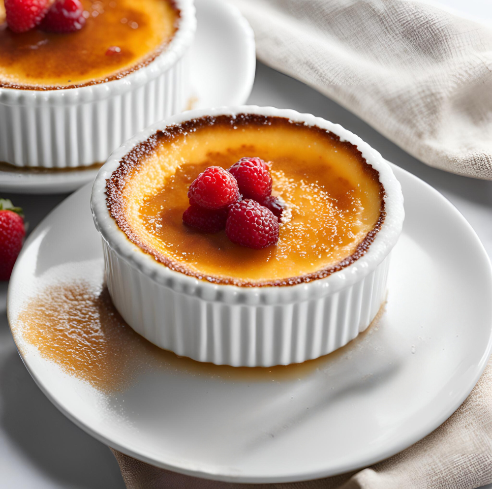 Close-up of a single crème brûlée with raspberries on a white plate.