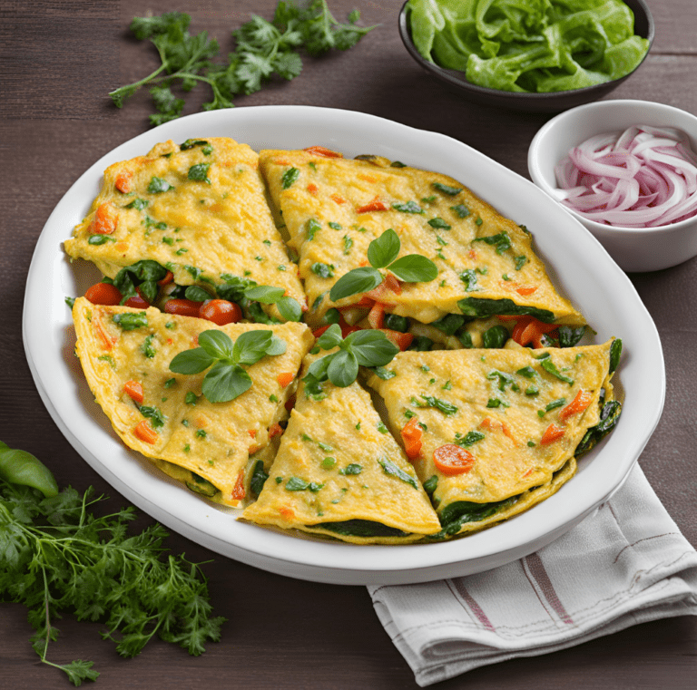 Vegetable Omelette with Cherry Tomatoes and Fresh Greens in a Skillet