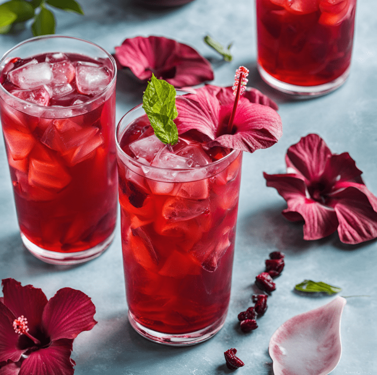 Three glasses of iced hibiscus tea filled with ice cubes and garnished with fresh hibiscus flowers and mint leaves, set on a blue surface with scattered hibiscus petals.