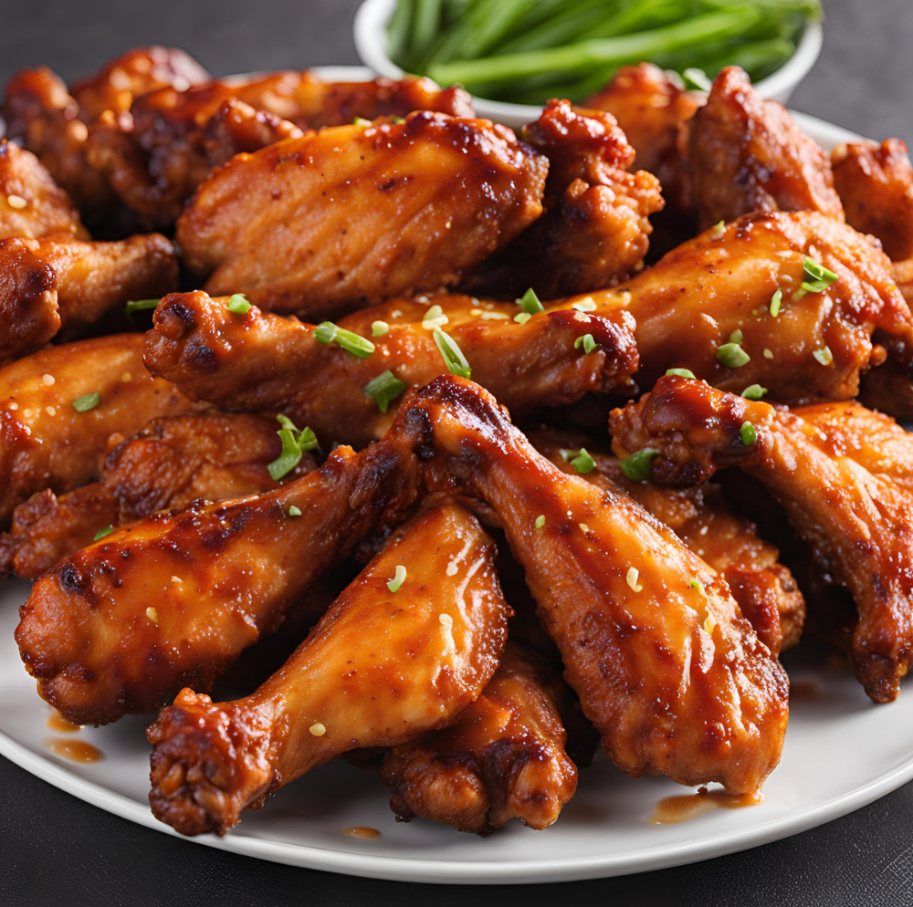 A white plate stacked with saucy chicken wings, sprinkled with green onions for a fresh touch.