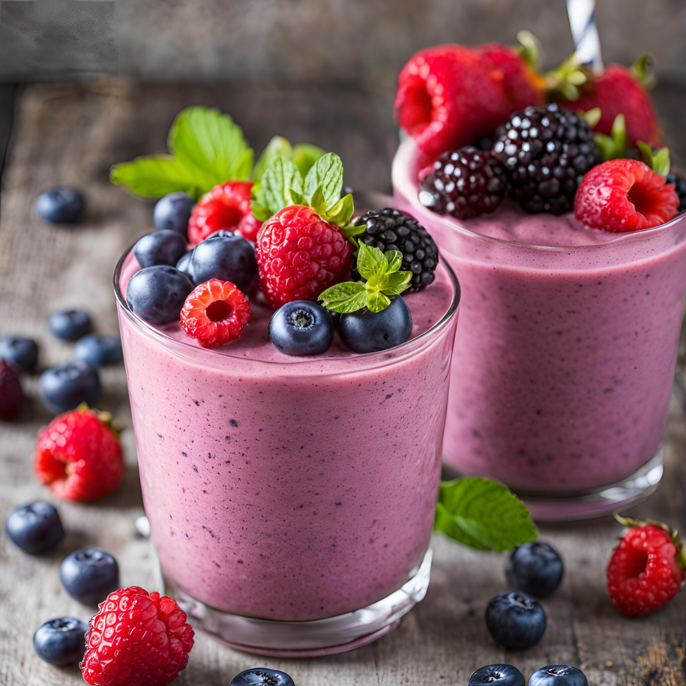 Two glasses of mixed berry smoothie topped with fresh blueberries, raspberries, blackberries, and mint leaves.