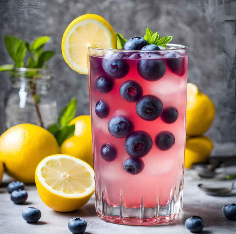 A tall glass of Blueberry Vodka Lemonade filled with blueberries, lemon slices, and mint leaves.