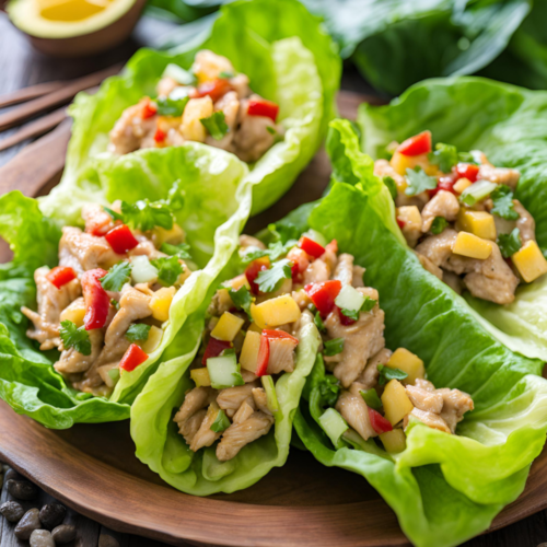 Homemade chicken lettuce wraps garnished with fresh vegetables and mango.