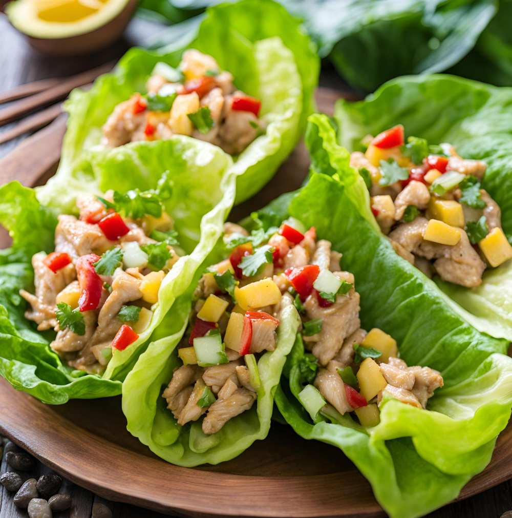 Homemade chicken lettuce wraps garnished with fresh vegetables and mango.