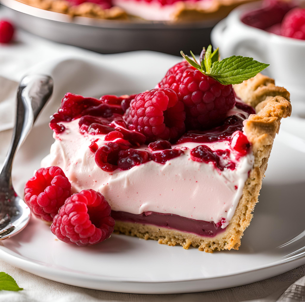 Close-up of Raspberry Cream Pie slice garnished with fresh raspberries and mint leaves.