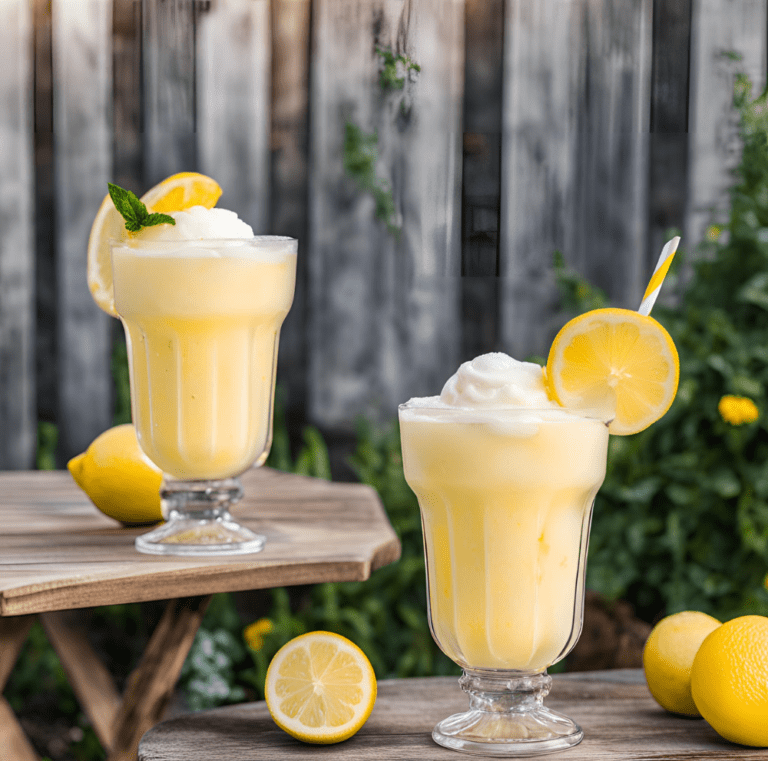 Two glasses of whipped frozen lemonade garnished with lemon slices and a sprig of mint, set on wooden tables with fresh lemons in the background. Perfect refreshing drink for summer days.